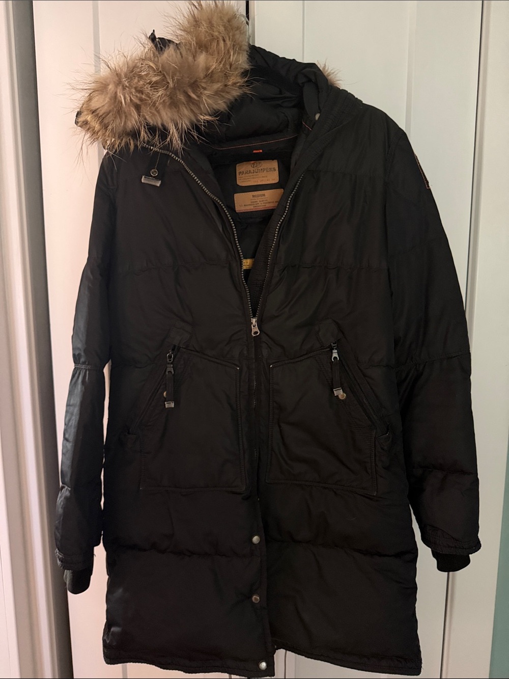 Parajumpers Black Long Puffer Coat with Faux Fur Trim Hood
